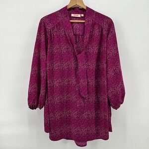 Evri Tie Neck Blouse Womens 3X Magenta Confetti Print Flowy Tunic Top Chic